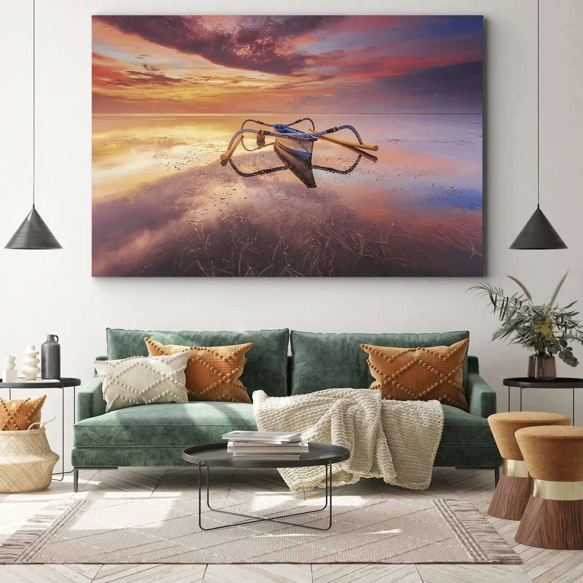 Quadro em tela - Um barco em águas calmas ao pôr do sol - 70x50cm - A calma de uma noite tropical - Decoração de parede moderna para a sala de estar e quarto ARTTOR