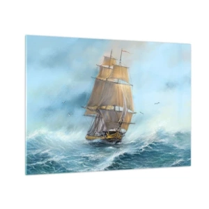 Quadro em vidro - Um veleiro em um mar tempestuoso em estilo pictórico - 70x50cm - Correndo sobre as ondas - Decoração de parede moderna para a sala de estar e quarto ARTTOR