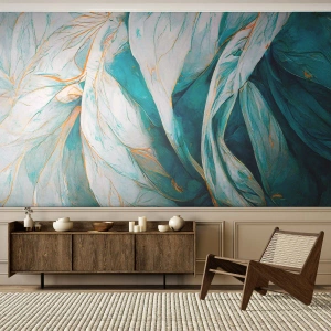 Papel de Parede Premium Canvas - Abstração azul com lema dourado - Pedaço, Art Deco, Sutil - 350x256 cm