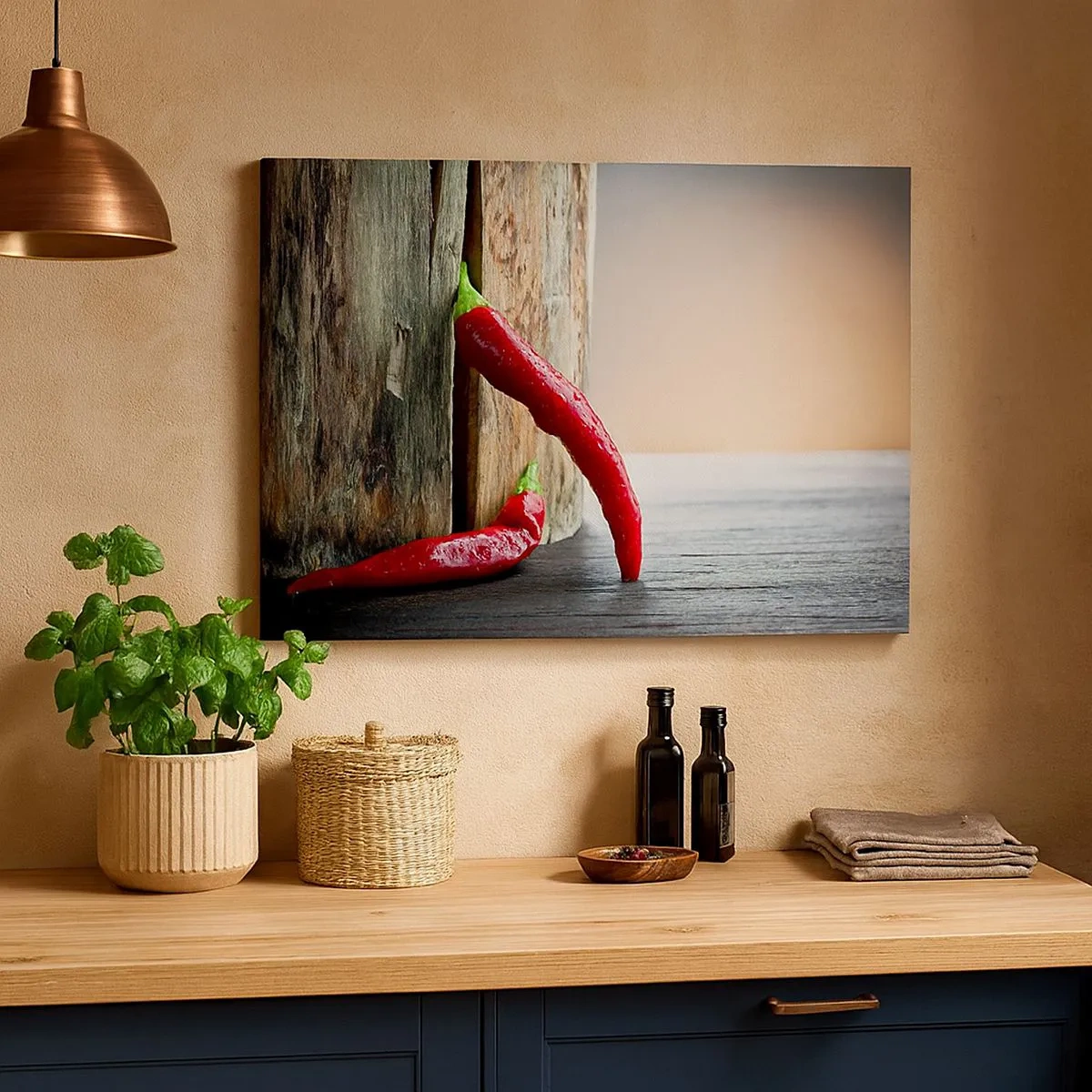 Quadro em tela - Duas pimentas vermelhas em um fundo de madeira com um toque rústico - 70x50cm - Red hot chili peppers - Decoração de parede moderna para a sala de estar e quarto ARTTOR
