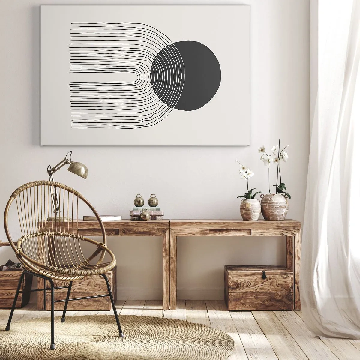 Quadro em tela - Padrão abstrato com linhas e um círculo preto em um fundo claro - 70x50cm - Tremores e confiança - Decoração de parede moderna para a sala de estar e quarto ARTTOR