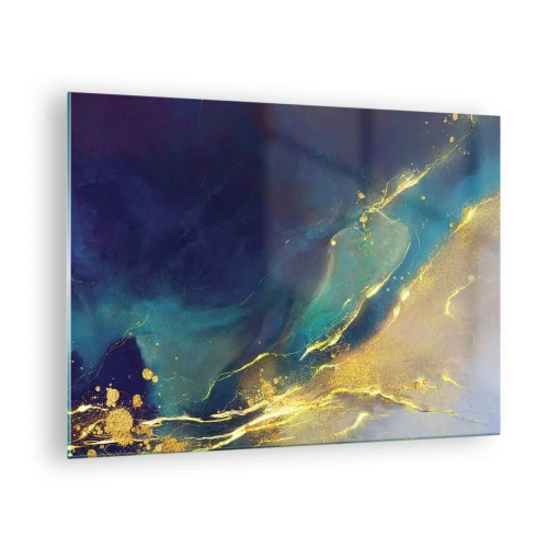 Quadro em vidro - Uma composição abstrata em tons de azul marinho, turquesa e dourado - 70x50cm - Piscina dourada - Decoração de parede moderna para a sala de estar e quarto ARTTOR