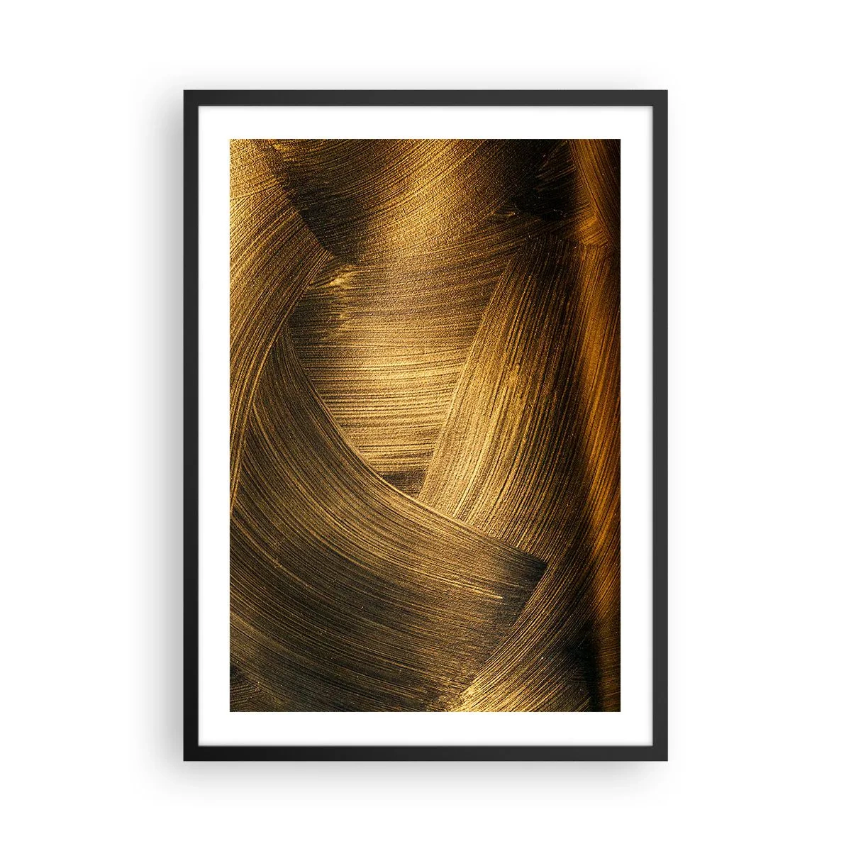 Pôster com moldura preta - Pinceladas douradas abstratas em um fundo escuro - 50x70cm - No labirinto dourado - Decoração de parede moderna para a sala de estar e quarto ARTTOR