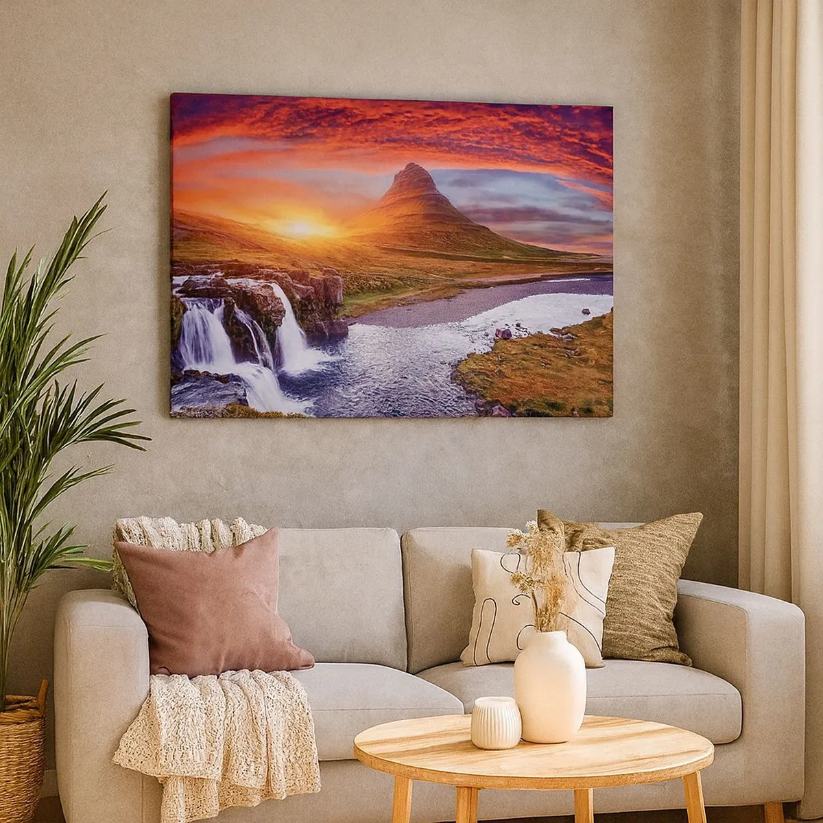 Quadro em tela - Paisagem montanhosa com cachoeira ao pôr do sol - 70x50cm - A vista da Terra Média - Decoração de parede moderna para a sala de estar e quarto ARTTOR