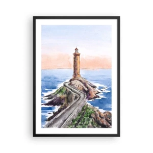 Pôster com moldura preta - Ilustração em aquarela de um farol em uma costa rochosa - 50x70cm - De frente para o mar - Decoração de parede moderna para a sala de estar e quarto ARTTOR
