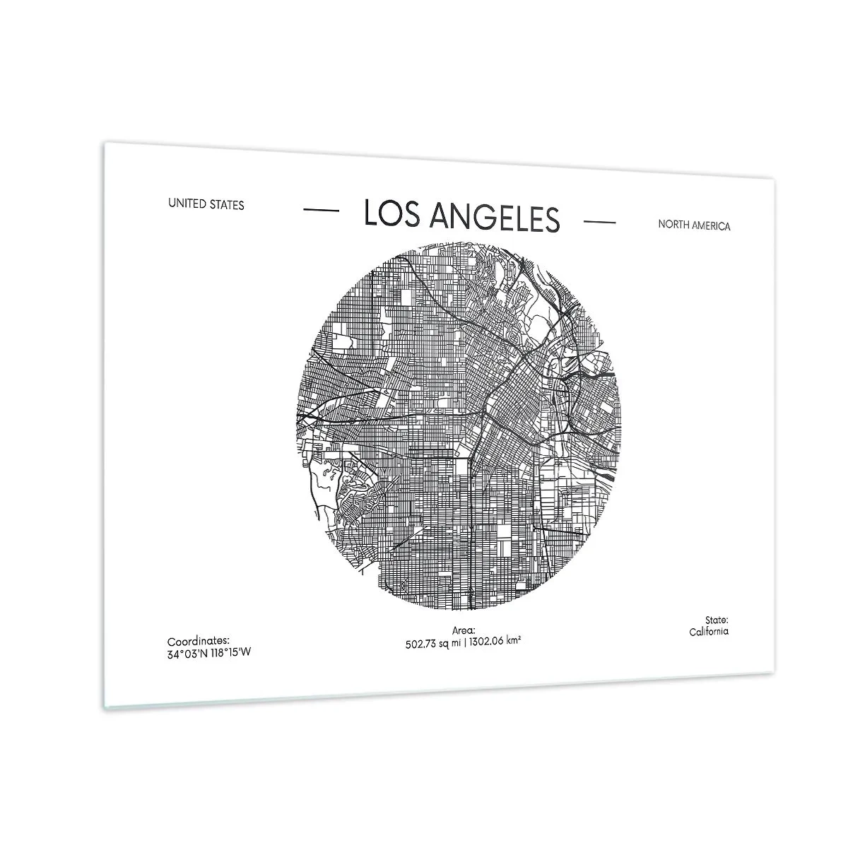 Quadro em vidro - Um mapa minimalista em preto e branco de Los Angeles. - 70x50cm - Anatomia de Los Angeles - Decoração de parede moderna para a sala de estar e quarto ARTTOR