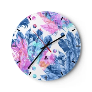 Relógio de parede - Relógio em vidro - Penas coloridas em estilo aquarela - 30x30cm - Plumas em rosa e azul - Decoração de parede moderna para a sala de estar, cozinha e quarto ARTTOR