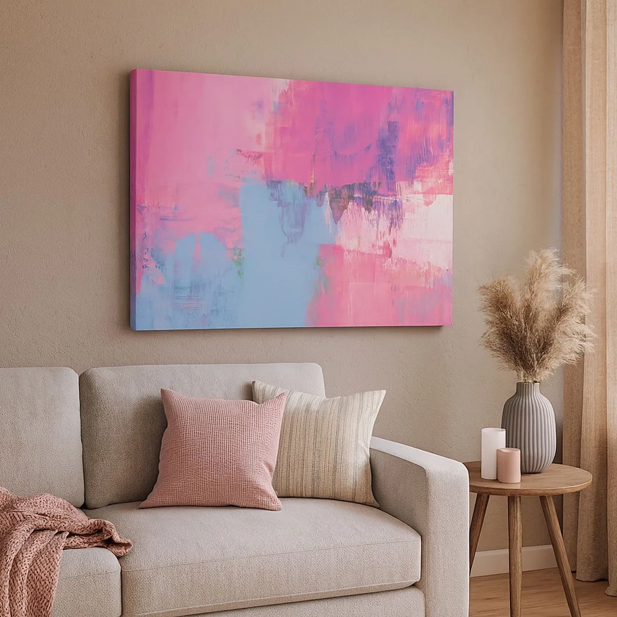 Quadro em tela - Composição abstrata em rosa e azul - 70x50cm - Rosa, azul e uma pitada de luz - Decoração de parede moderna para a sala de estar e quarto ARTTOR