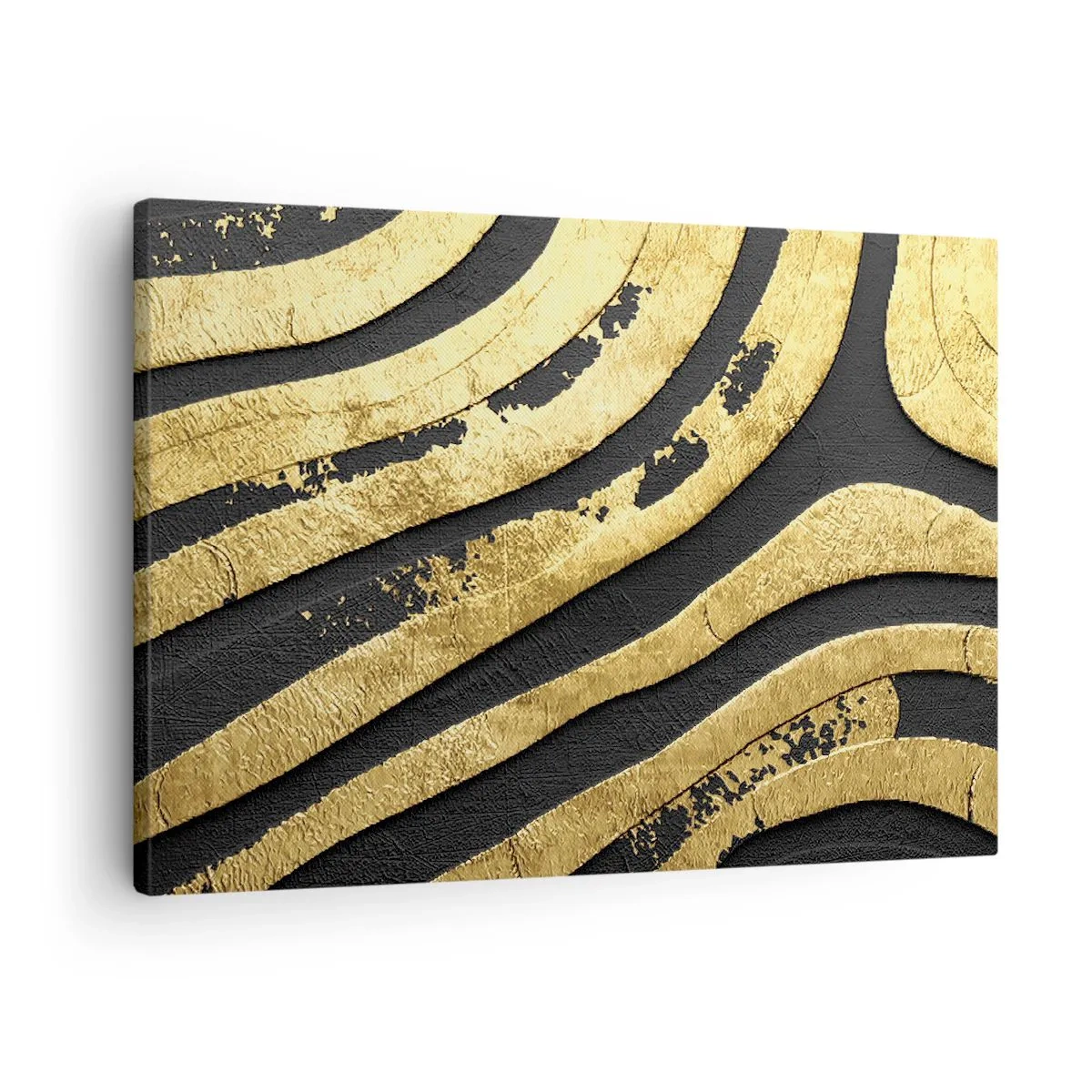 Quadro em tela - Ondas abstratas douradas em um fundo preto - 70x50cm - Tudo flui - Decoração de parede moderna para a sala de estar e quarto ARTTOR
