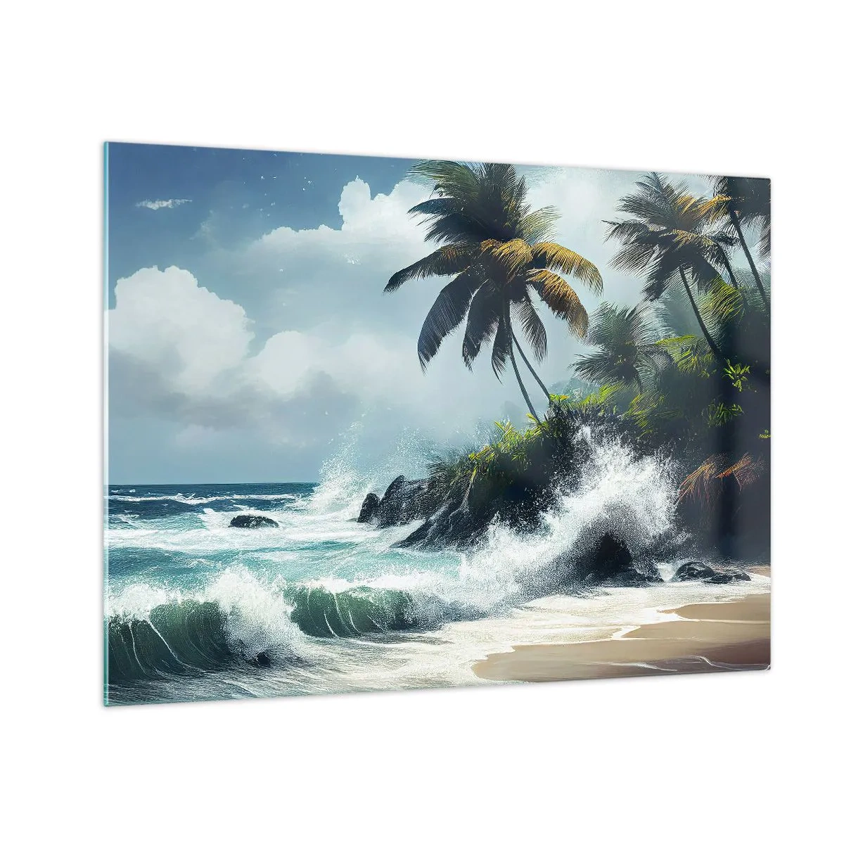 Quadro em vidro - Ondas quebrando contra as rochas perto das palmeiras em uma praia tropical - 70x50cm - Em uma costa tropical - Decoração de parede moderna para a sala de estar e quarto ARTTOR