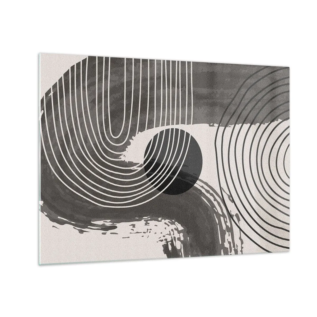 Quadro em vidro - Abstração moderna com linhas pretas e brancas e um oval - 70x50cm - O oval vence - Decoração de parede moderna para a sala de estar e quarto ARTTOR