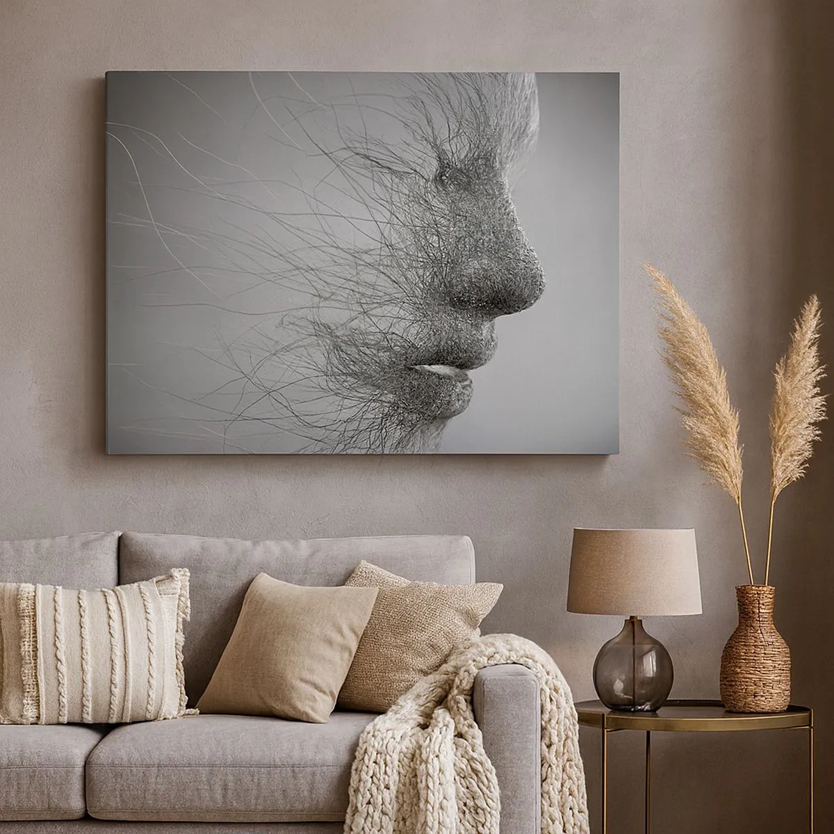 Quadro em tela - Perfil facial artístico criado com linhas delicadas - 70x50cm - Espírito do vento - Decoração de parede moderna para a sala de estar e quarto ARTTOR