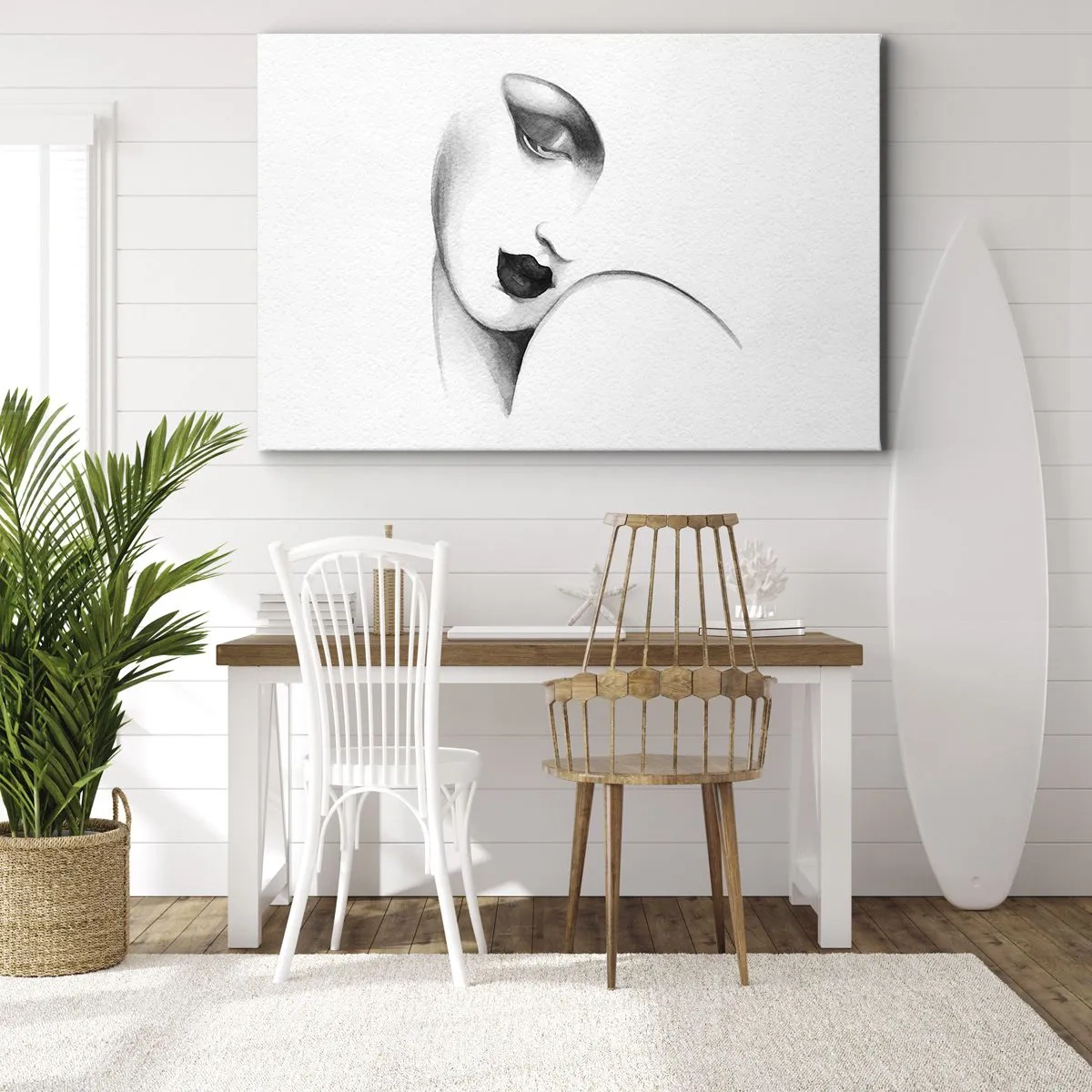 Quadro em tela - Um retrato sutil de uma mulher em estilo monocromático - 70x50cm - No estilo de Łempicka - Decoração de parede moderna para a sala de estar e quarto ARTTOR