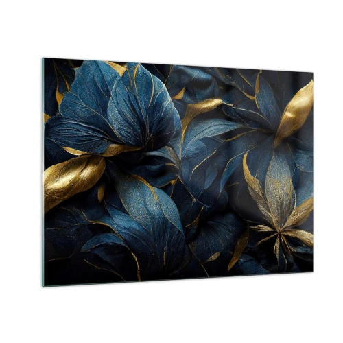 Quadro em vidro - Folhas azuis escuras com sutis detalhes dourados - 70x50cm - Forrado com ouro - Decoração de parede moderna para a sala de estar e quarto ARTTOR