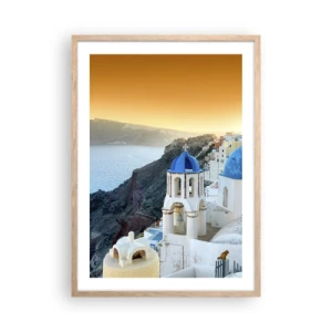 Pôster com moldura de carvalho claro - Santorini - abraçada às rochas - 50x70 cm