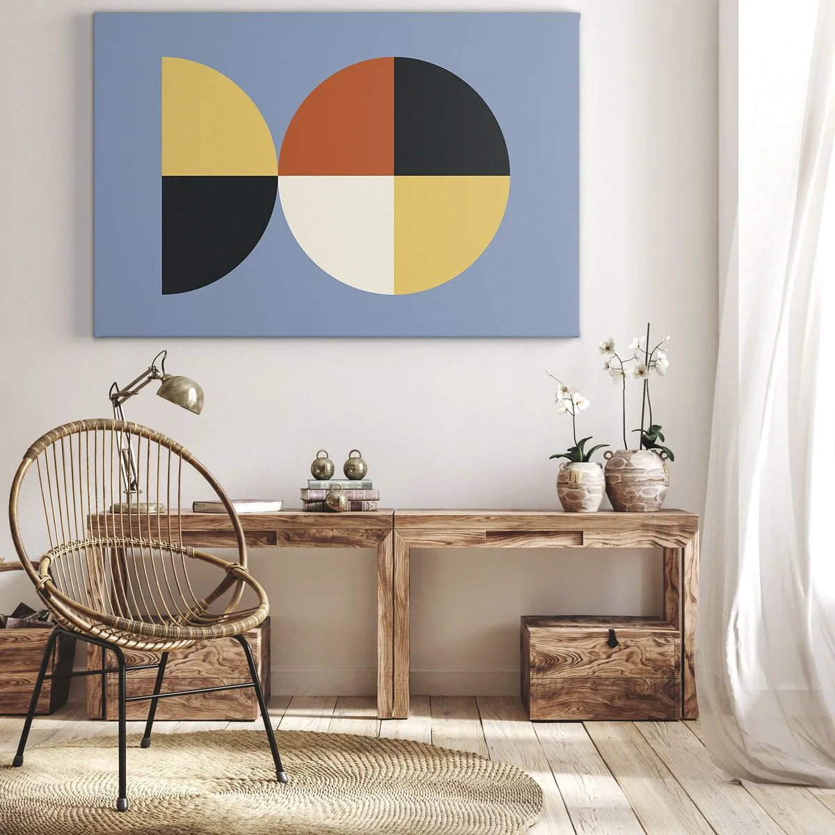 Quadro em tela - Círculos geométricos em um fundo azul - 70x50cm - Verja e conte - Decoração de parede moderna para a sala de estar e quarto ARTTOR