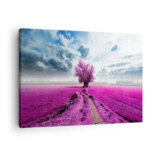 Quadro em tela - Uma árvore solitária em um campo em um tom de rosa intenso - 70x50cm - Charmosa charneca - Decoração de parede moderna para a sala de estar e quarto ARTTOR