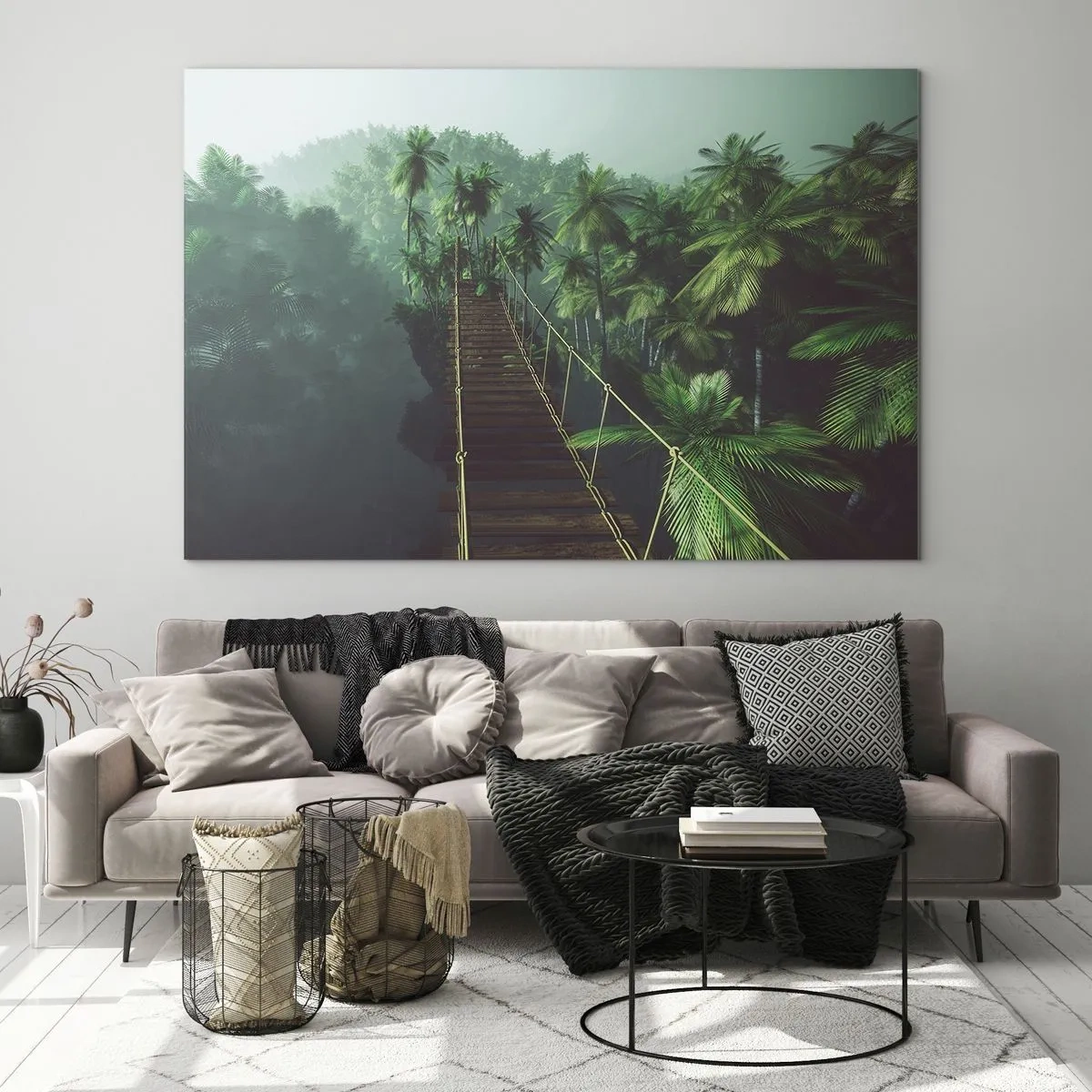 Quadro em vidro - Uma ponte de corda na selva cercada por palmeiras - 70x50cm - Sobre o verde fervente - Decoração de parede moderna para a sala de estar e quarto ARTTOR