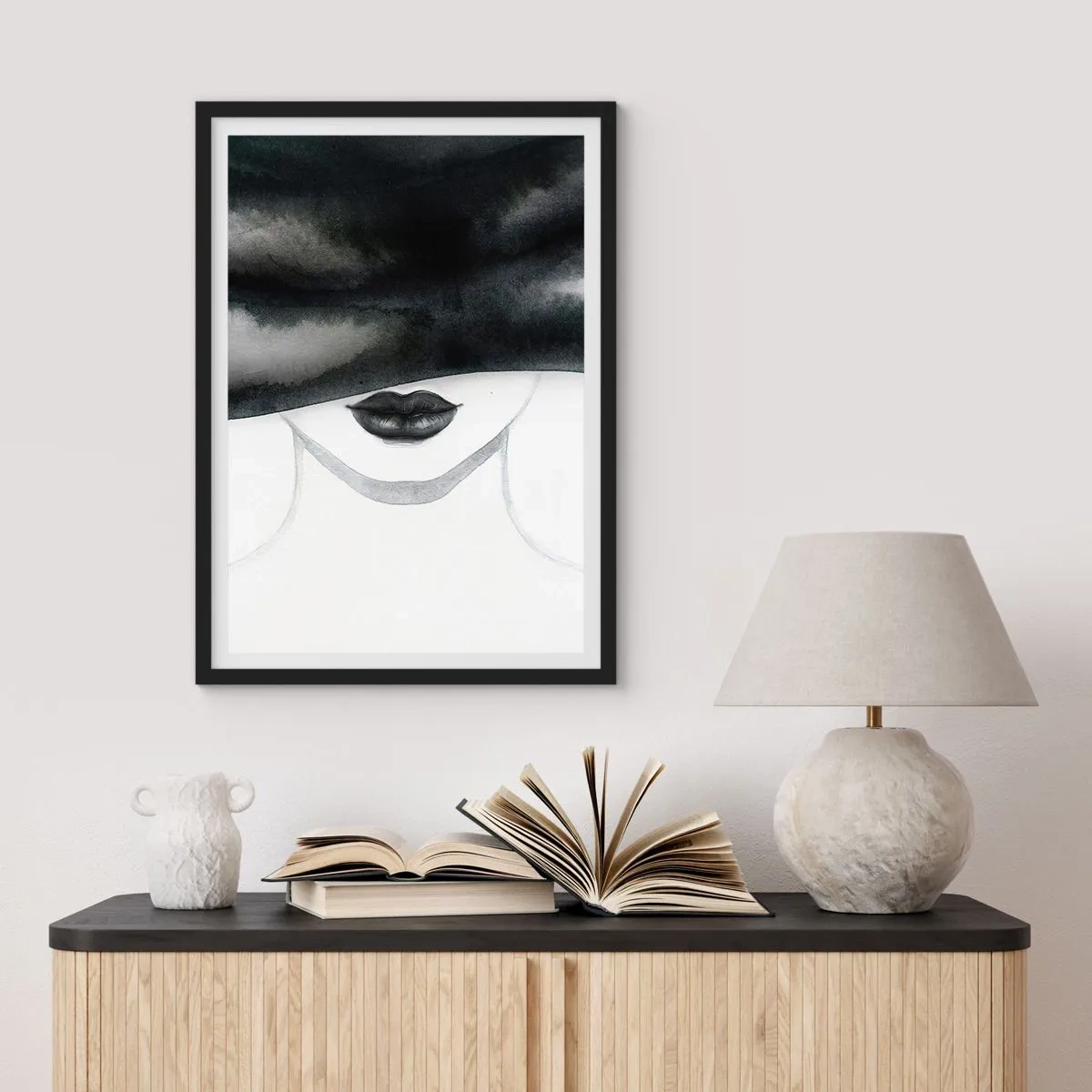 Pôster com moldura preta - Retrato em preto e branco de uma mulher com os olhos vendados - 50x70cm - Mistério sensual - Decoração de parede moderna para a sala de estar e quarto ARTTOR