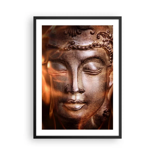 Pôster com moldura preta - Escultura de Buda brilhando com luz quente - 50x70cm - Só existe o aqui e agora - Decoração de parede moderna para a sala de estar e quarto ARTTOR
