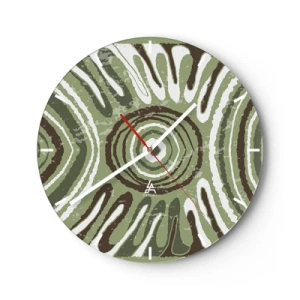 Relógio de parede - Relógio em vidro - Composição simétrica verde e marrom com padrões concêntricos - 30x30cm - Uma explosão de emoções - Decoração de parede moderna para a sala de estar, cozinha e quarto ARTTOR