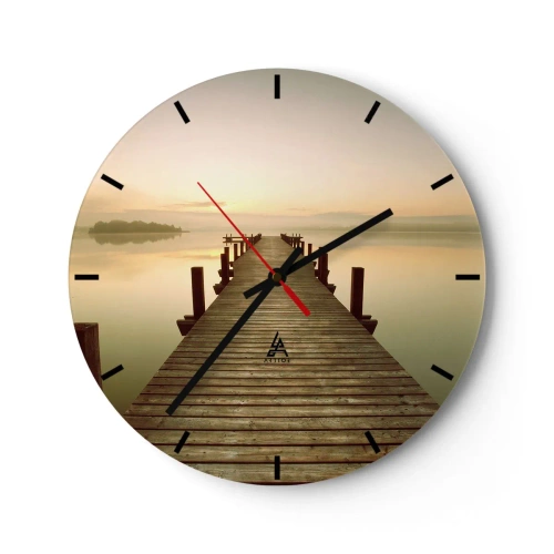 Relógio de parede - Relógio em vidro - Um cais de madeira ao nascer do sol sobre um lago calmo - 30x30cm - Antes do amanhecer, nascer do sol, luz - Decoração de parede moderna para a sala de estar, cozinha e quarto ARTTOR