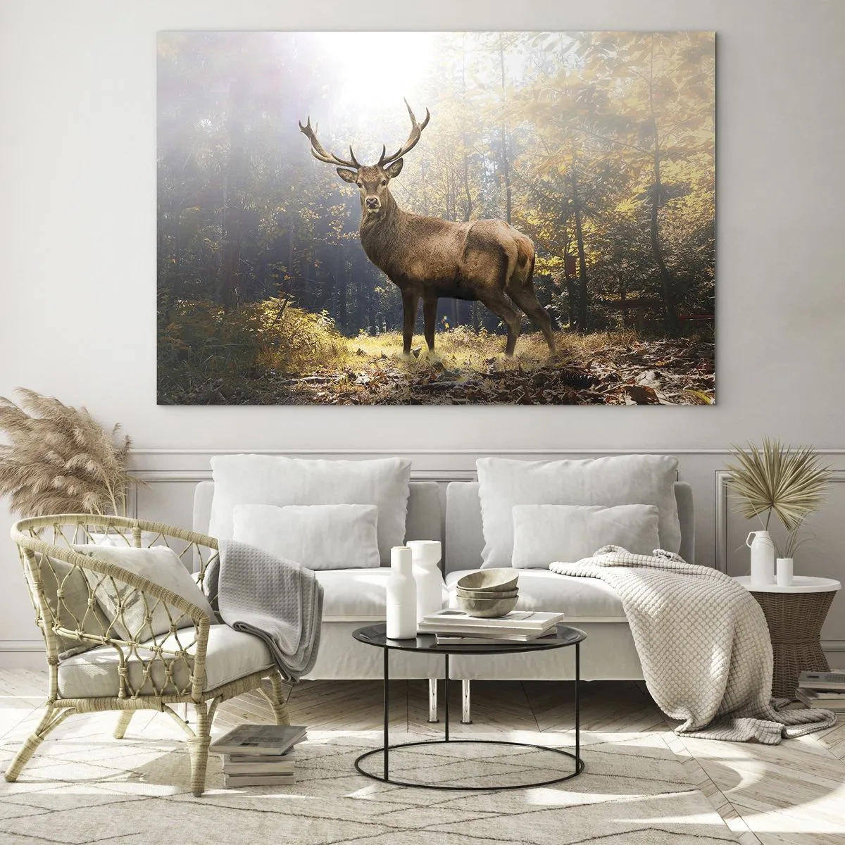 Quadro em vidro - Um veado imponente em uma floresta de outono iluminada pelo sol - 70x50cm - Em plena majestade - Decoração de parede moderna para a sala de estar e quarto ARTTOR