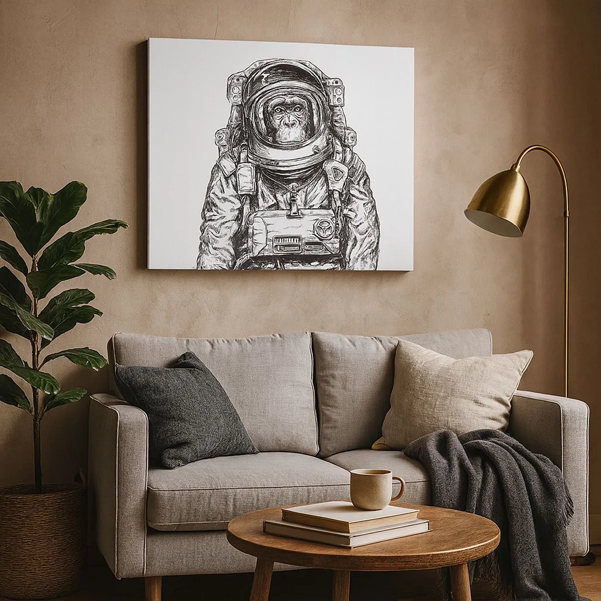 Quadro em tela - Gráfico de um astronauta em um traje espacial com uma cabeça de macaco - 70x50cm - Evolução alternativa - Decoração de parede moderna para a sala de estar e quarto ARTTOR