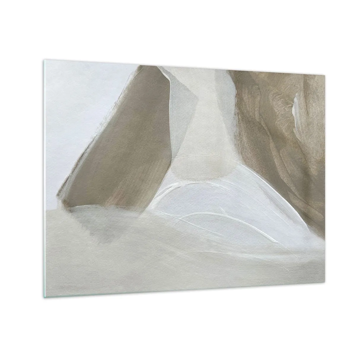 Quadro em vidro - Uma abstração delicada em branco e bege com traços suaves. - 70x50cm - Uma onda de branco - Decoração de parede moderna para a sala de estar e quarto ARTTOR