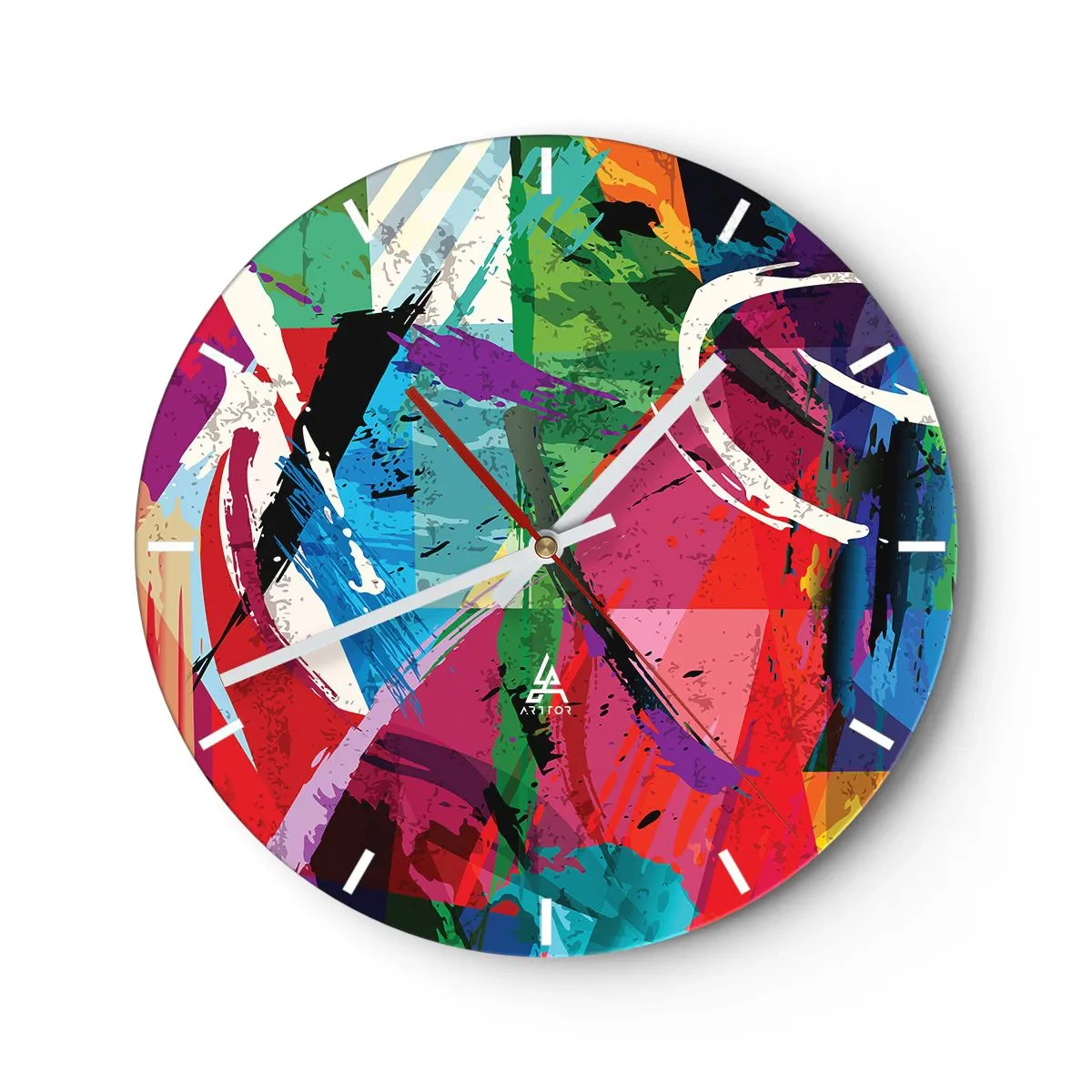 Relógio de parede - Relógio em vidro - Um padrão abstrato com cores intensas e linhas dinâmicas. - 30x30cm - Rápido, vivo e animado - Decoração de parede moderna para a sala de estar, cozinha e quarto ARTTOR