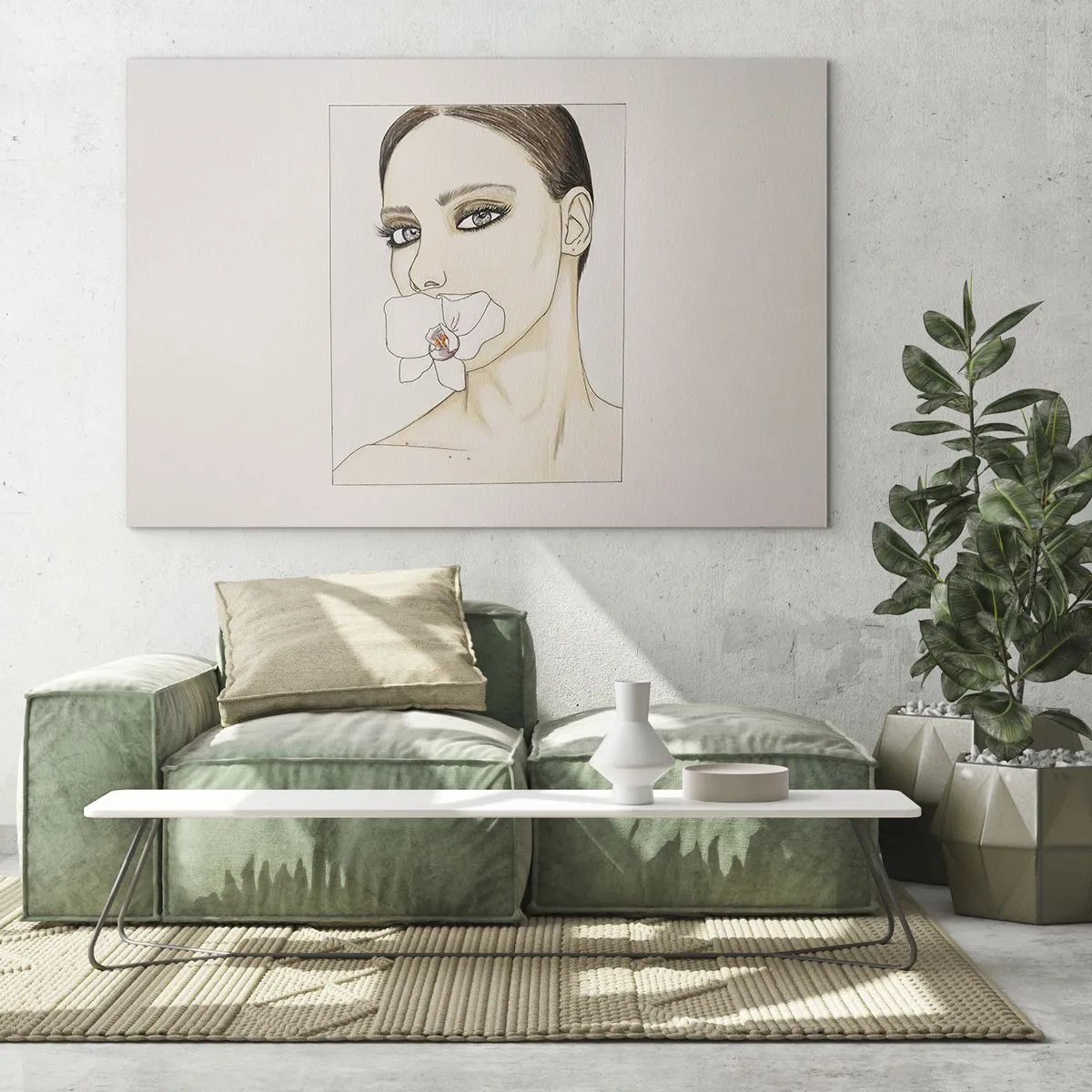 Quadro em vidro - Retrato de uma mulher com uma orquídea na boca contra um fundo claro - 70x50cm - Símbolo de elegância e beleza - Decoração de parede moderna para a sala de estar e quarto ARTTOR