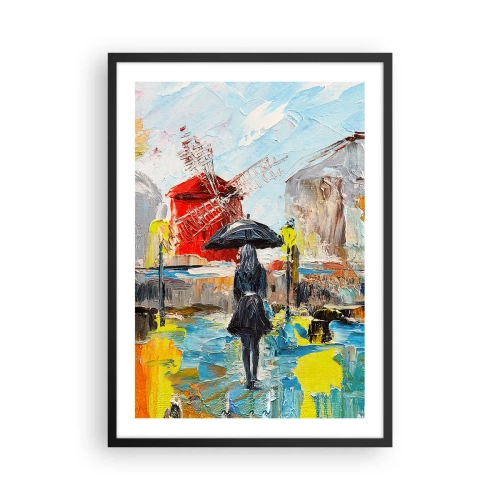 Pôster com moldura preta - Uma mulher com um guarda-chuva tendo como pano de fundo uma cidade na chuva - 50x70cm - Lendas parisienses - Decoração de parede moderna para a sala de estar e quarto ARTTOR