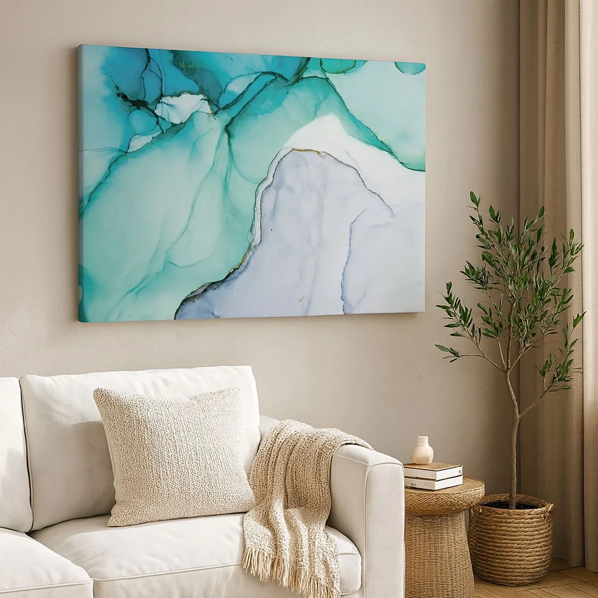 Quadro em tela - Padrão abstrato em tons de turquesa e branco - 70x50cm - Estudo em turquesa - Decoração de parede moderna para a sala de estar e quarto ARTTOR