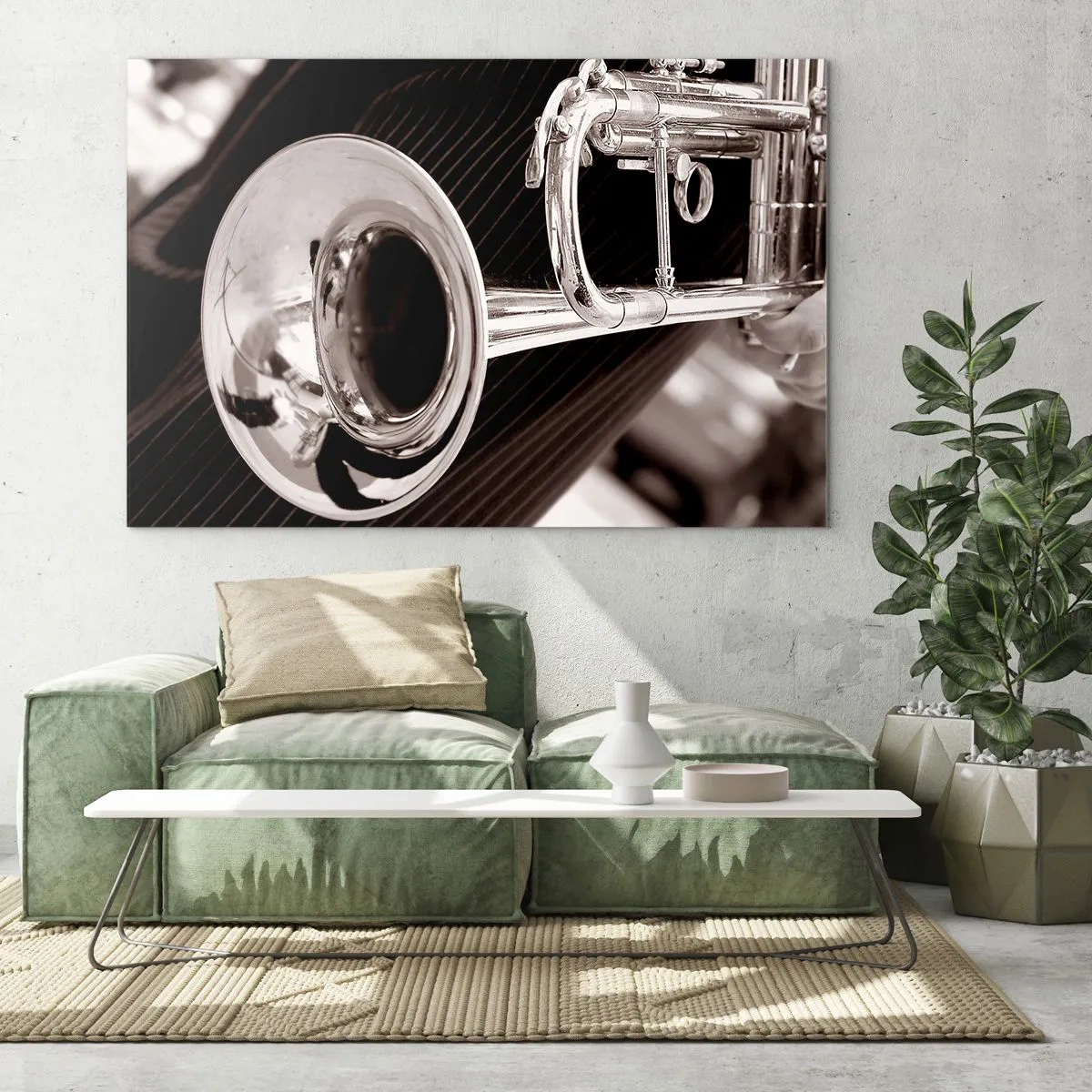 Quadro em vidro - Trombeta de prata sobre fundo listrado sépia - 70x50cm - Uma viagem musical aos anos 30 - Decoração de parede moderna para a sala de estar e quarto ARTTOR