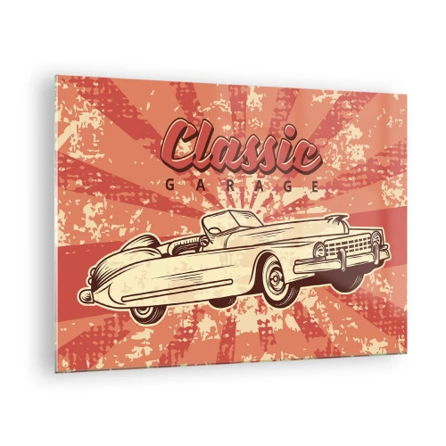 Quadro em vidro - Gráfico retrô de um carro clássico contra um fundo de raios - 70x50cm - E na rádio Elvis - Decoração de parede moderna para a sala de estar e quarto ARTTOR