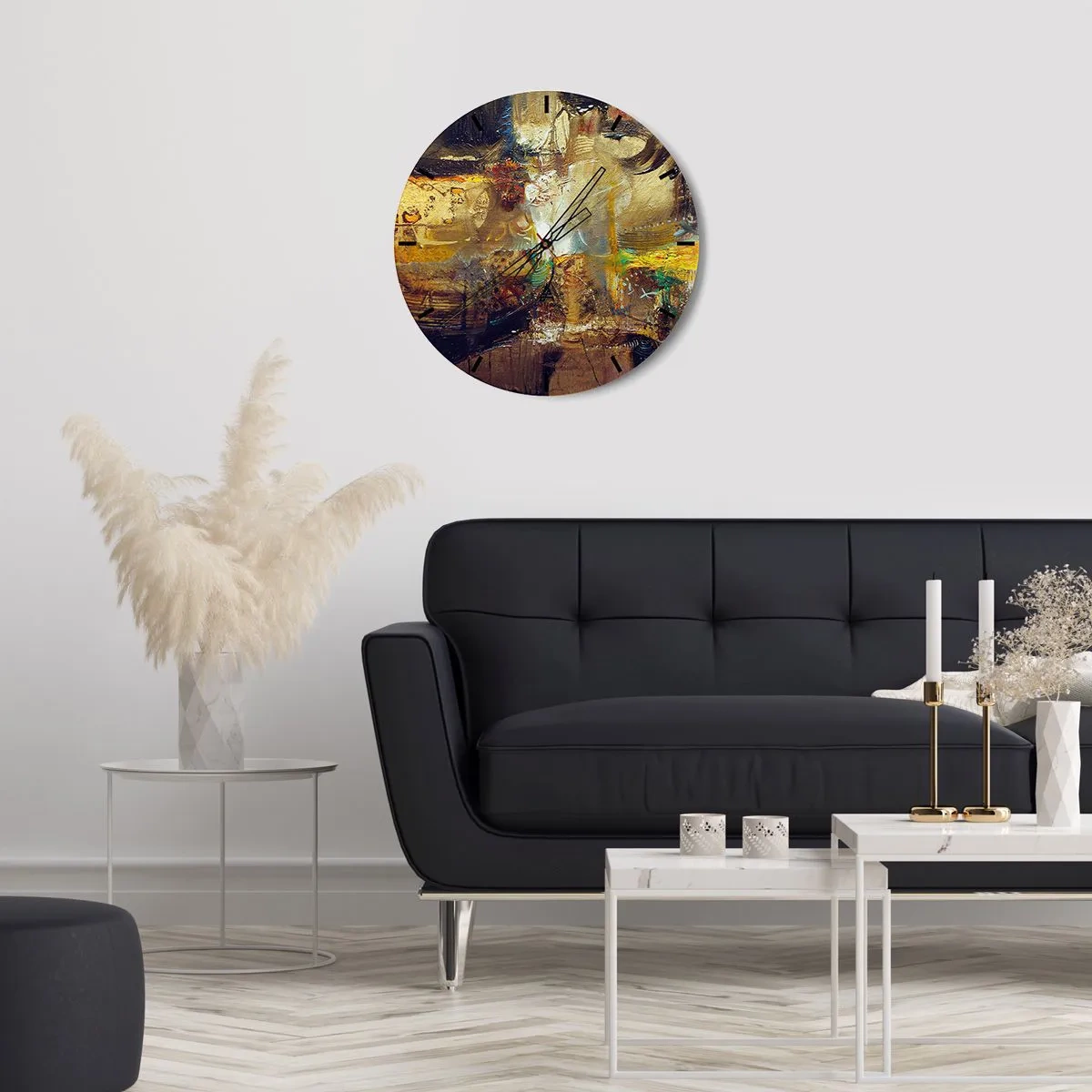 Relógio de parede - Relógio em vidro - Uma composição abstrata em tons de dourado, marrom e azul. - 30x30cm - Frio, mais quente, quente - Decoração de parede moderna para a sala de estar, cozinha e quarto ARTTOR