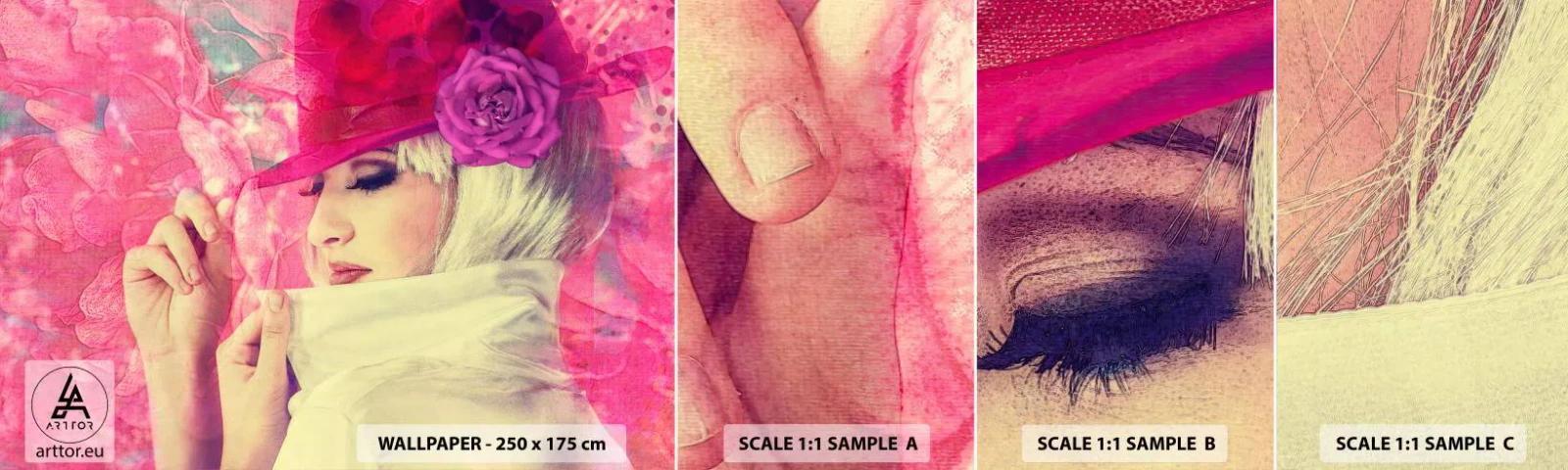 Amostra de Papel de Parede Standard Eco - Retrato retro em rosa - Mulher de chapéu, Flores, Moda - 100x30 cm