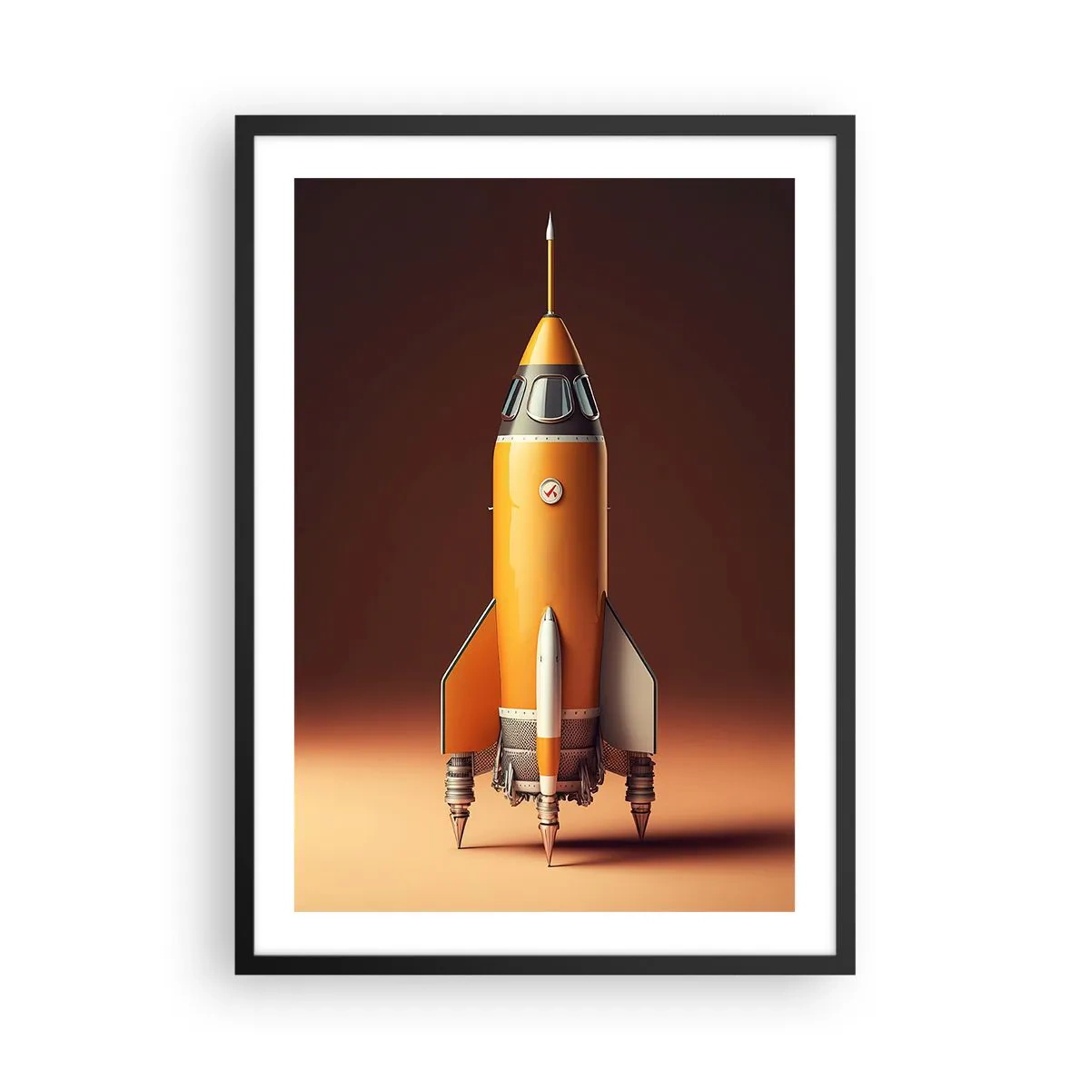 Pôster com moldura preta - Um foguete espacial moderno contra um fundo de cores quentes. - 50x70cm - Tudo começa com um sonho - Decoração de parede moderna para a sala de estar e quarto ARTTOR