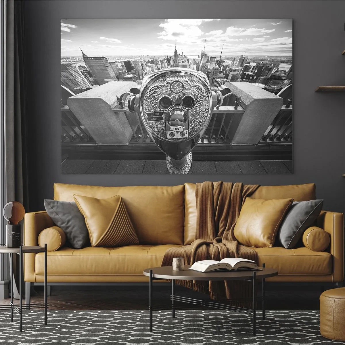 Quadro em vidro - Vista em preto e branco de Nova York com um telescópio de observação - 70x50cm - A cidade das cidades - Decoração de parede moderna para a sala de estar e quarto ARTTOR