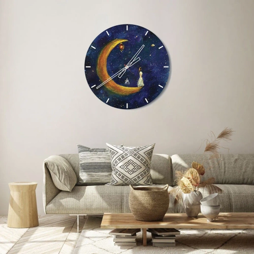 Relógio de parede - Relógio em vidro - Uma figura na lua em um céu noturno de conto de fadas com uma lanterna - 30x30cm - O Chamado do Mundo - Decoração de parede moderna para a sala de estar, cozinha e quarto ARTTOR