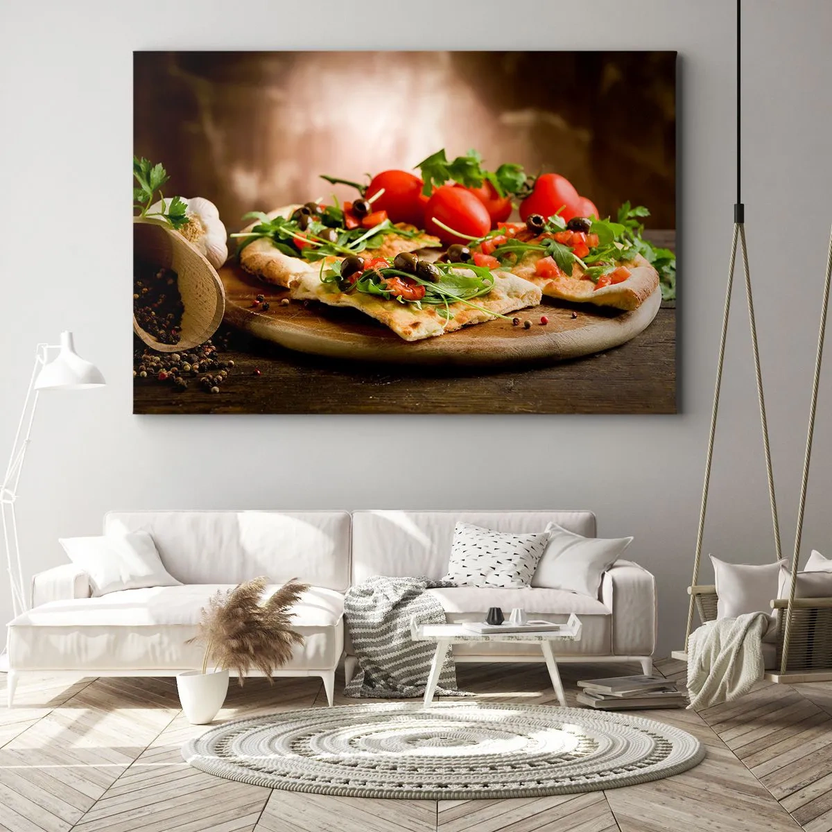 Quadro em tela - Pizza com legumes em uma tábua de madeira em estilo rústico - 70x50cm - Direto do forno e do jardim - Decoração de parede moderna para a sala de estar e quarto ARTTOR