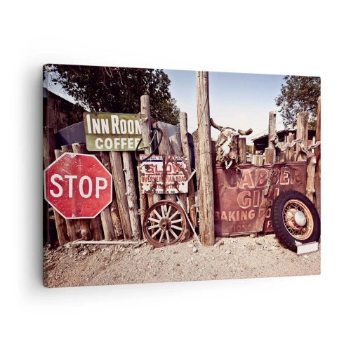 Quadro em tela - Decorações rústicas com placas e uma roda na cerca - 70x50cm - E o tempo parou - Decoração de parede moderna para a sala de estar e quarto ARTTOR