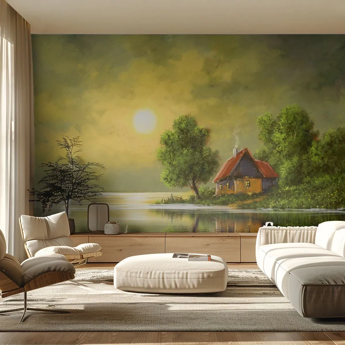 Papel de Parede Premium Sand - Lindo como uma paisagem - Paisagem, Casa de campo, Barco a vela - 100x70 cm