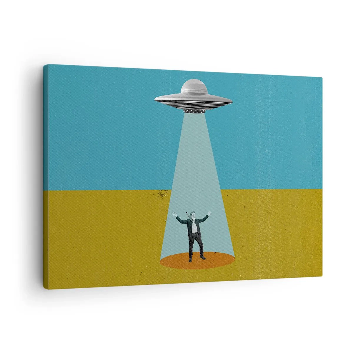 Quadro em tela - Um homem à luz de um OVNI contra o fundo de uma paisagem colorida - 70x50cm - Encontro próximo - Decoração de parede moderna para a sala de estar e quarto ARTTOR