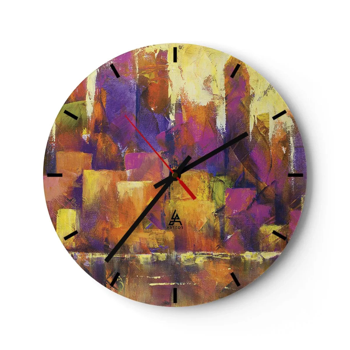 Relógio de parede - Relógio em vidro - Uma composição abstrata em tons de amarelo e roxo. - 30x30cm - Composição metropolitana - Decoração de parede moderna para a sala de estar, cozinha e quarto ARTTOR