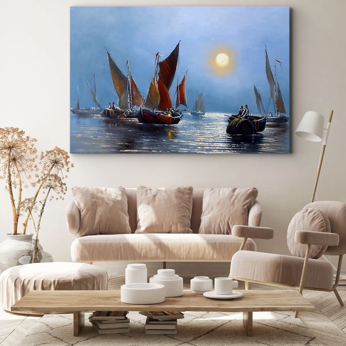 Quadro em tela - Barcos com velas em águas calmas ao pôr do sol - 70x50cm - Pesca noturna - Decoração de parede moderna para a sala de estar e quarto ARTTOR