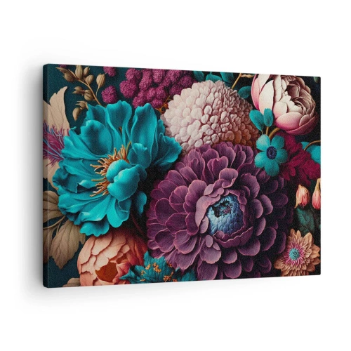 Quadro em tela - Um buquê de flores em cores intensas sobre um fundo escuro - 70x50cm - Natureza em abundância - Decoração de parede moderna para a sala de estar e quarto ARTTOR