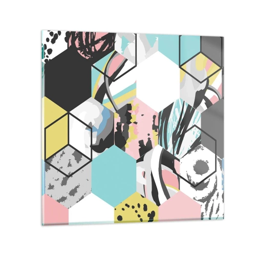 Quadro em vidro - Hexágonos e cubos em seis cores - 70x70 cm