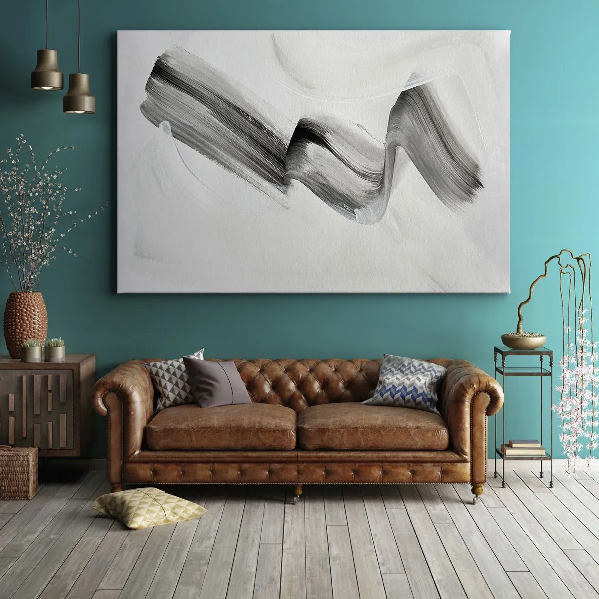 Quadro em tela - Pincelada abstrata em preto e branco sobre fundo claro - 70x50cm - Casualmente para se divertir - Decoração de parede moderna para a sala de estar e quarto ARTTOR