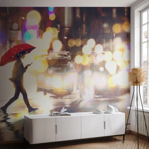 Papel de Parede Premium Canvas - Apesar de tudo, ensolarado - Cidade, Caminhada na chuva, Guarda-chuva - 450x315 cm